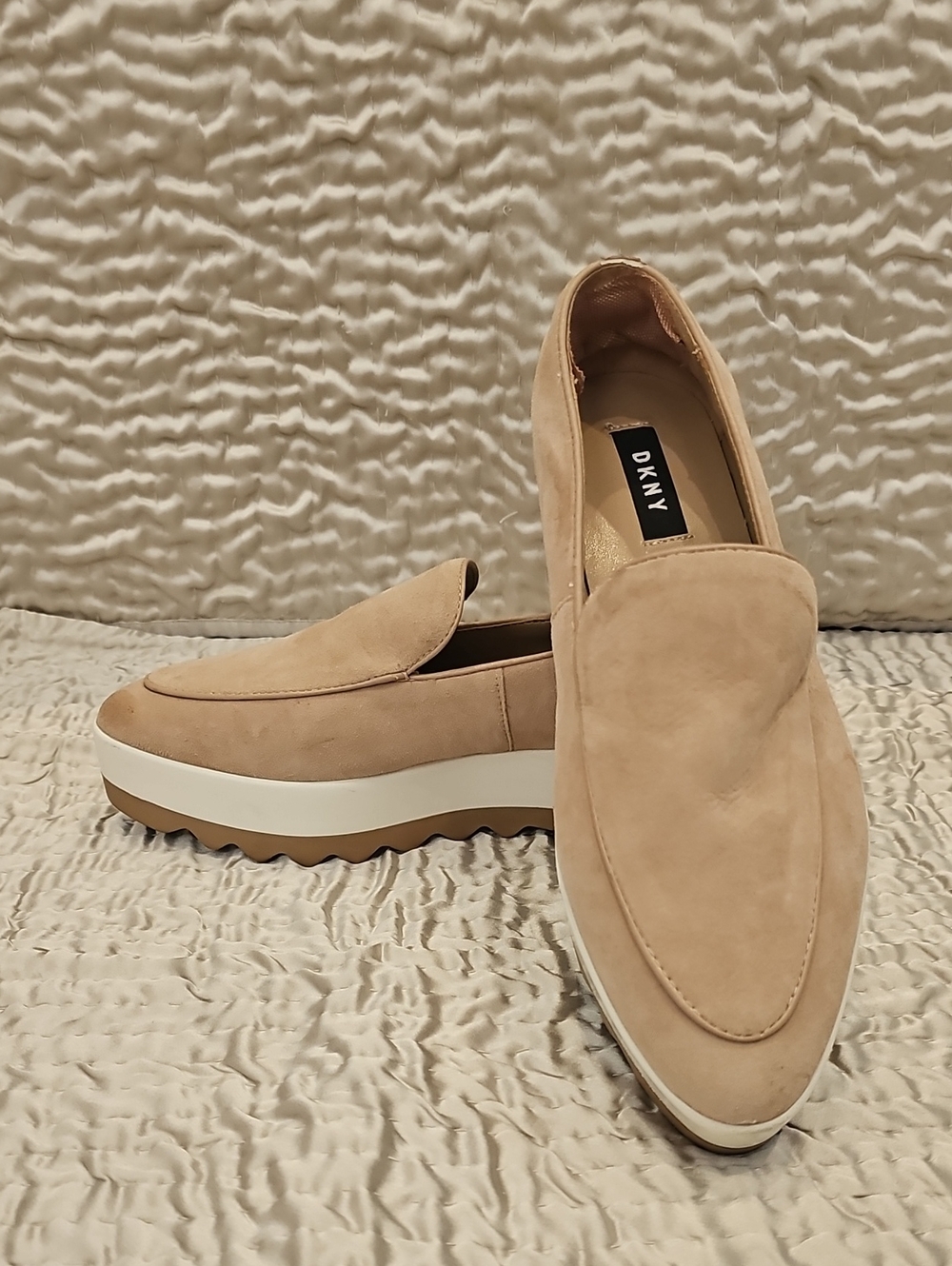 DKNY Beige Suede Platform Slip-On Loafers